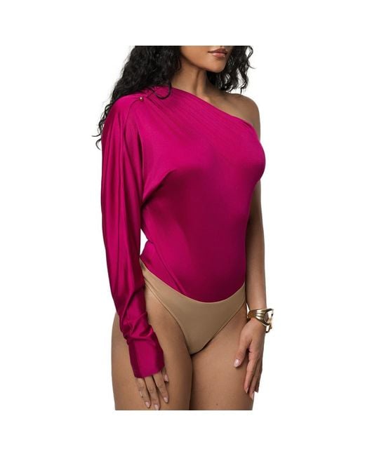 JLUXLABEL Pink One-Shoulder Satin Bodysuit