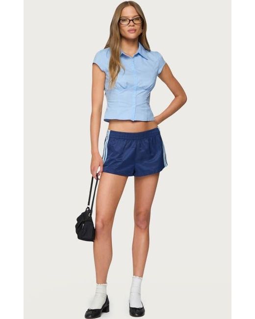 Edikted Blue Massie Cap Sleeve Crop Button-Up Shirt