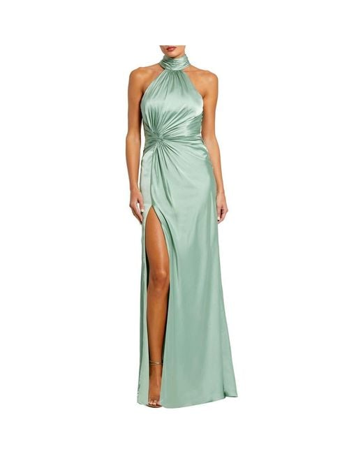 Mac Duggal Green Open Back High Neck Side Ruched Gown