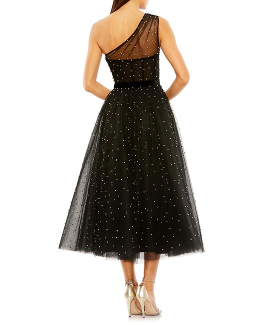 Mac Duggal Black Imitation Pearl Detail One-shoulder Cocktail Midi Dress
