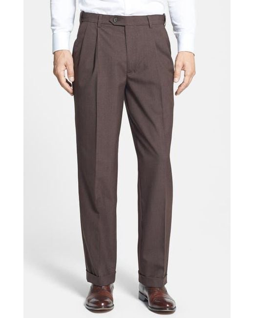 Berle Gray Self Sizer Waist Plain Weave Pleated Washable Trousers for men