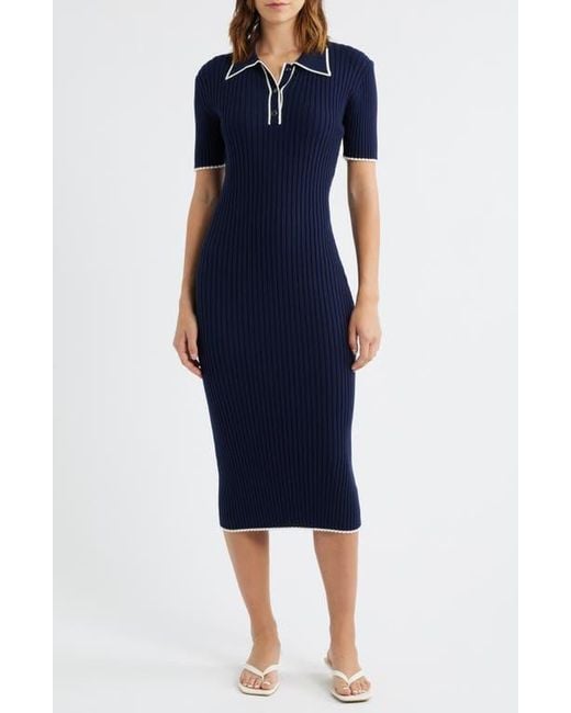 ZOE AND CLAIRE Blue Collared Ribbed Knit Midi Dress