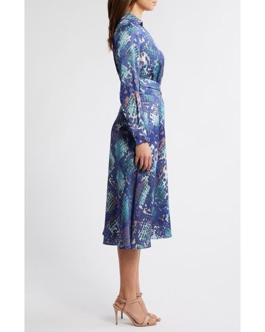 Tahari Blue Long Sleeve Hammered Satin Wrap Front Shirtdress
