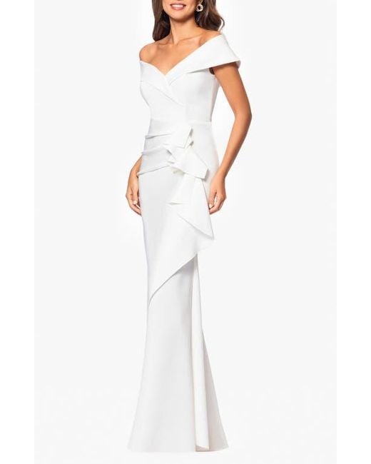 Xscape Evenings White Off The Shoulder Ruffle Scuba Crepe Gown