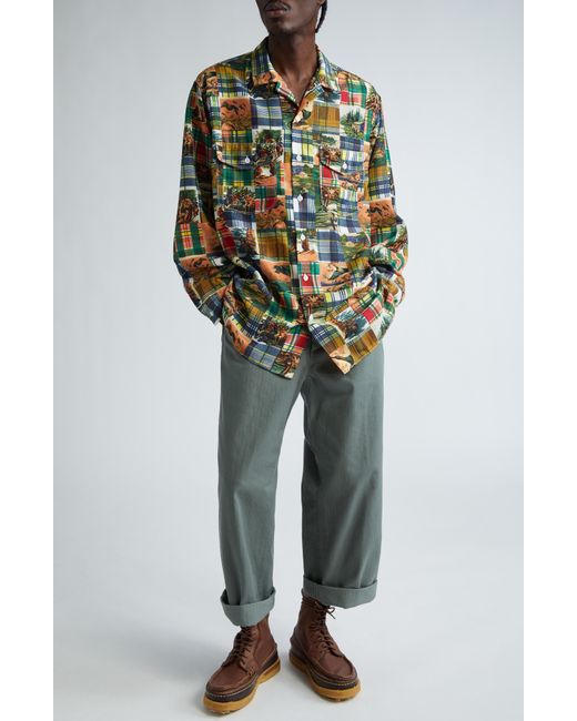 Beams Plus Multicolor Work Classic Patchwork Panel Jacquard Button-up Shirt for men
