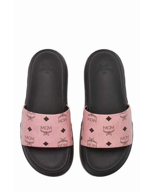 MCM White Visetos Slide Sandals