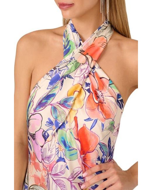 Adrianna Papell Multicolor Print Satin Halter Gown