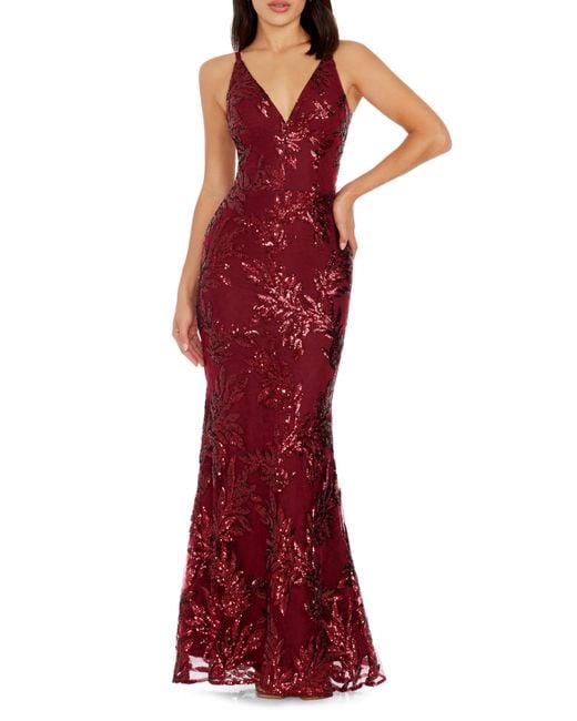 Dress the Population Red Sharon Embellished Lace Evening Gown