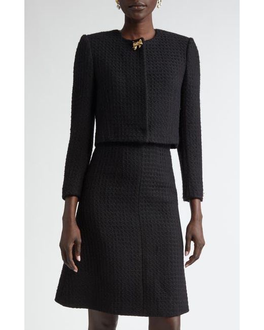 Oscar de la Renta Black Bow Detail Wool Tweed Crop Jacket
