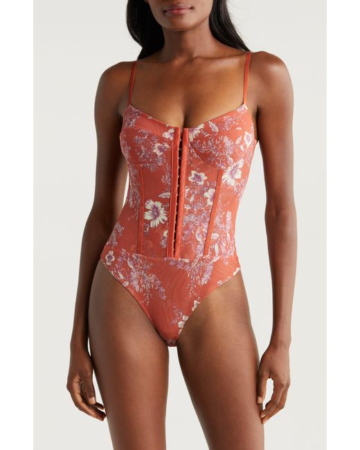 Free People Red Intimately Fp Floral Mesh Bodysuit