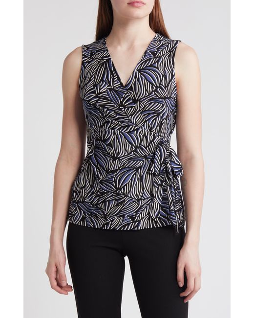 Anne Klein Blue Printed Sleeveless Wrap Front Knit Top