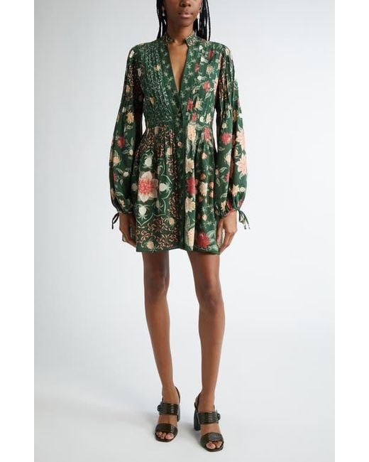Farm Rio Green Pineapple Garden Long Sleeve Button Front Minidress