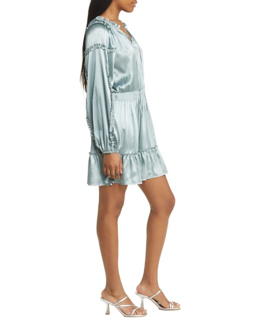 All In Favor Blue Ruffle Long Sleeve Satin Minidress In At Nordstrom, Size Small