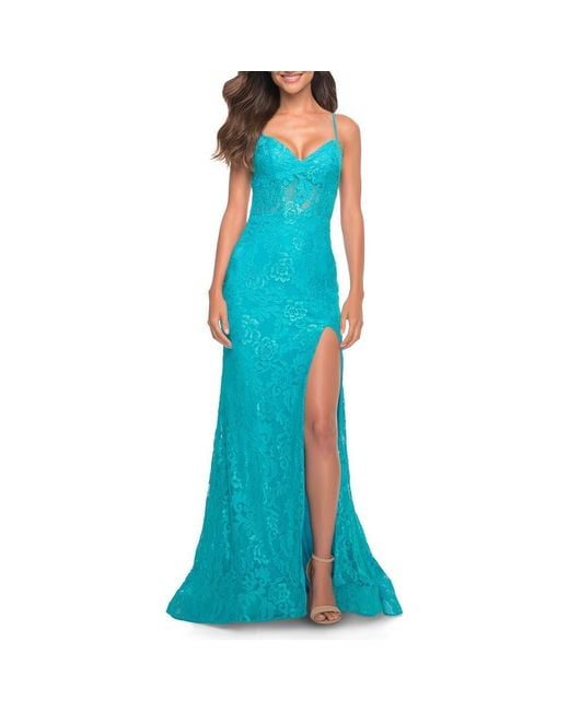 neon blue lace dress Neon Turquoise Lace-Trim Mini Slip Dress