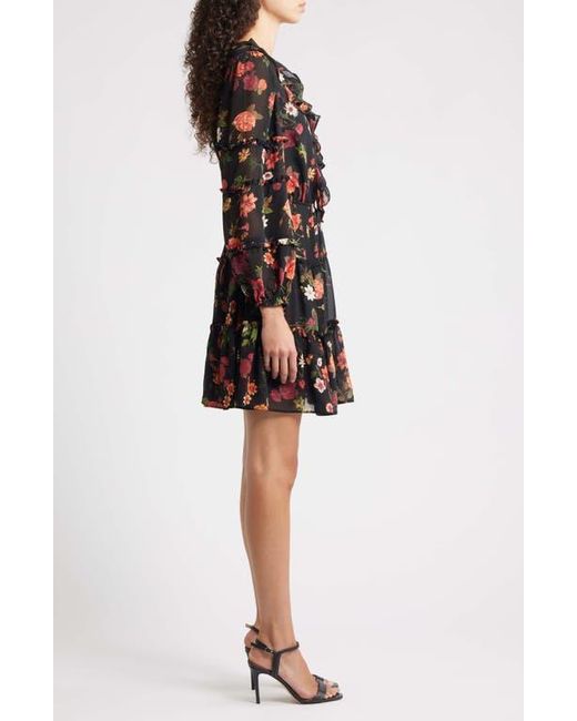 Cece Black Floral Long Sleeve Ruffle Dress