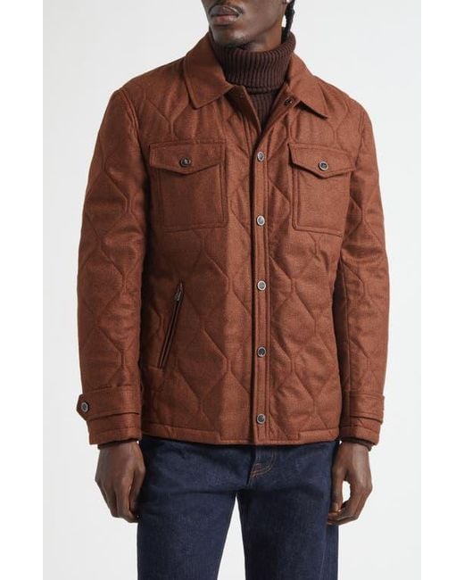 Isaia Brown Onion Quilted Wool & Silk Shirt Jacket for men