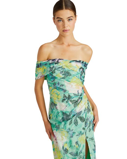 ML Monique Lhuillier Green Allie Floral Print Off The Shoulder Lace Midi Cocktail Dress