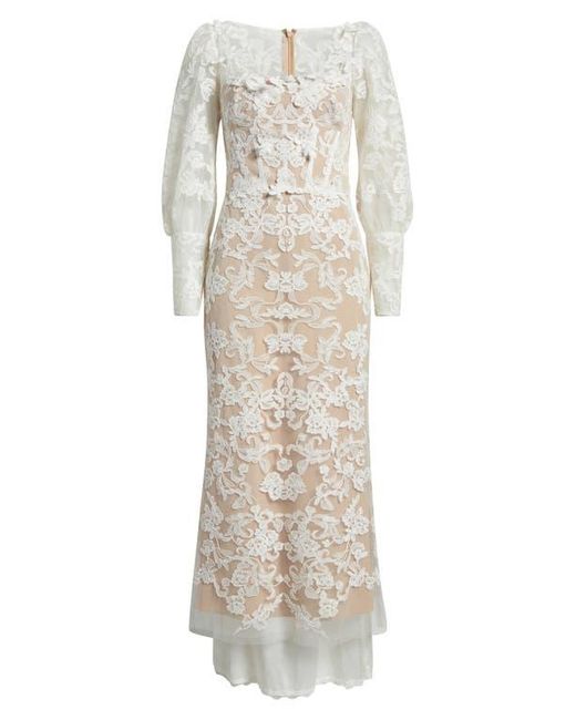 Marchesa Corded Lace Long Sleeve Cocktail Dress in White | Lyst
