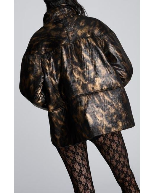 Kenneth Cole Black Animal Print Foiled Satin Seamed Puffer Jacket