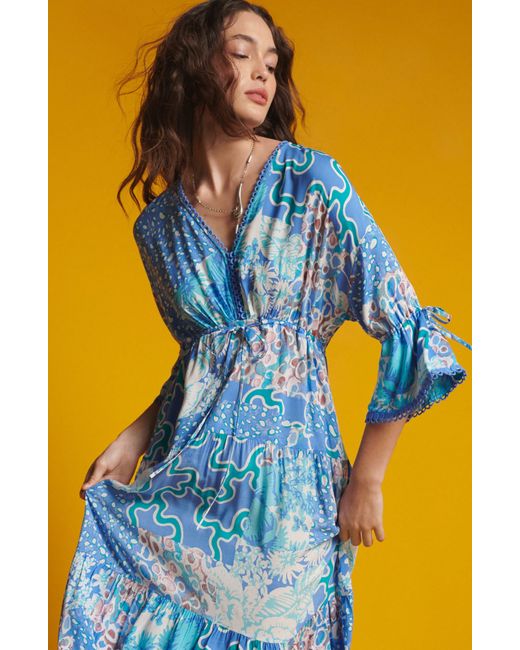 Diane von Furstenberg Blue Boris Mixed Print Tiered Maxi Dress