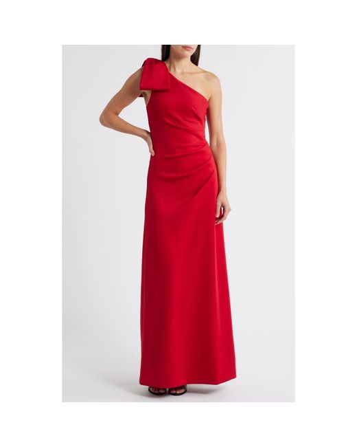Black Halo Red Zyra Bow Shoulder Ruched Gown