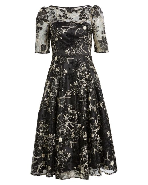 Eliza J Black Sequin Floral Embroidery Fit & Flare Cocktail Midi Dress