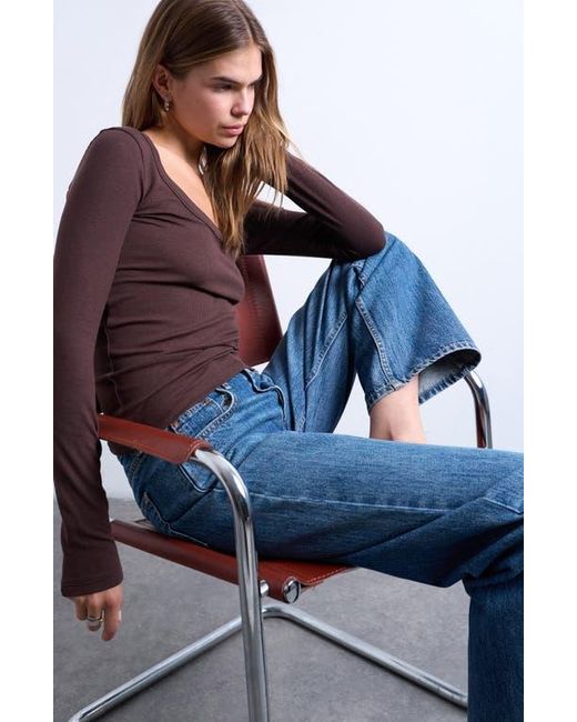 TOPSHOP Brown Scoop Neck Long Sleeve Rib Top