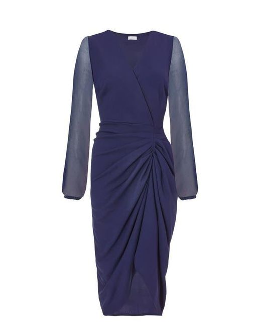Quiz Blue Scuba Crepe Front Wrap Chiffon Sleeve Midi Dress