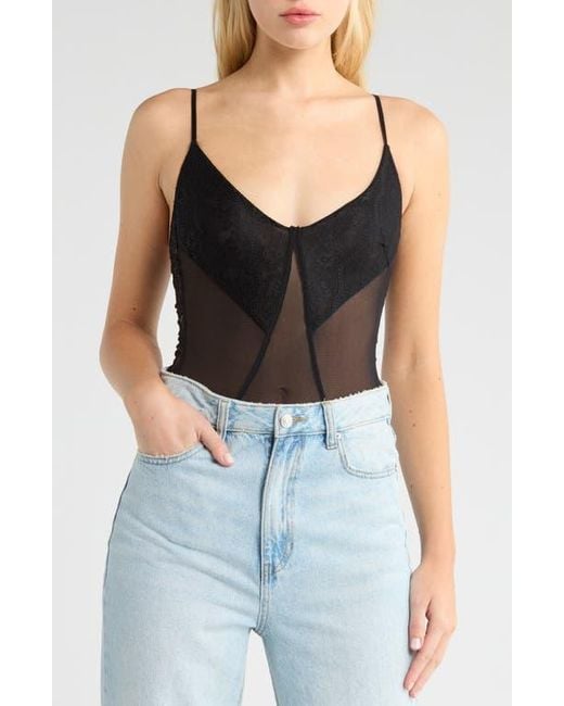 Free People Black Take My Number Lace & Mesh Bodysuit