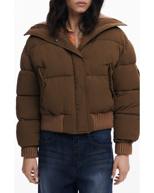 Desigual Brown Mixed Media Puffer Jacket