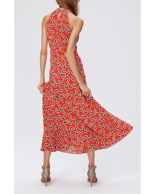 Diane von Furstenberg Red Nyck Abstract Print Halter Neck Midi Dress
