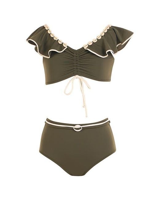 NESSI BYRD Green Shell-Embellished Drawstring Front Two-Piece Bikini