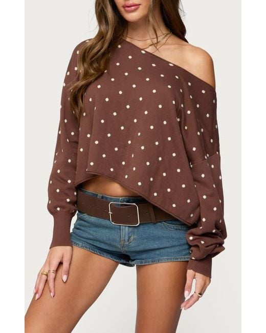 Edikted Brown Oversize Off The Shoulder Polka Dot Sweater