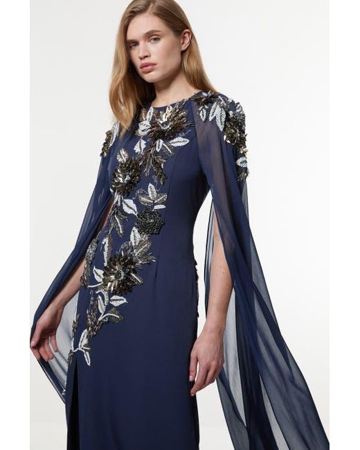 Karen Millen Floral 3D Cape Sleeve Maxi Dress in Blue | Lyst Karen Millen Floral 3D Cape Sleeve Maxi Dress in Blue | Lyst