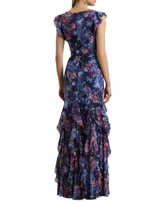 Ralph Lauren Blue Abstract Floral Ruffle Detail Crinkle Georgette Gown