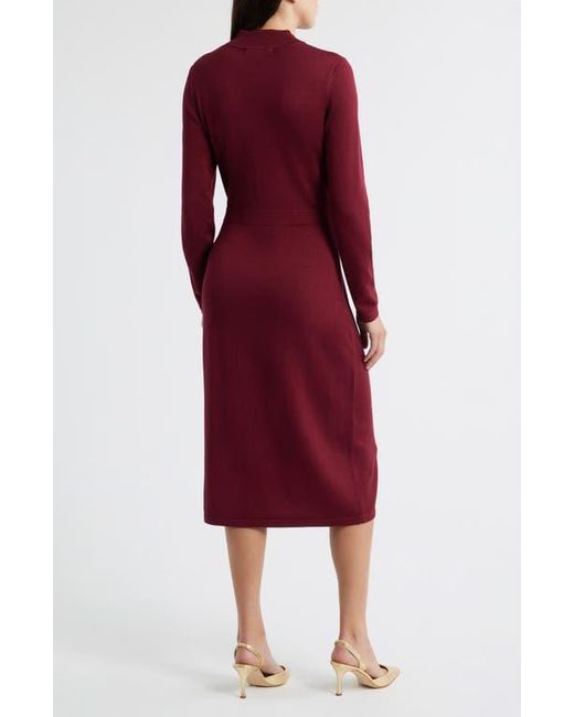 Julia Jordan Red Button Mock Neck Long Sleeve Midi Dress