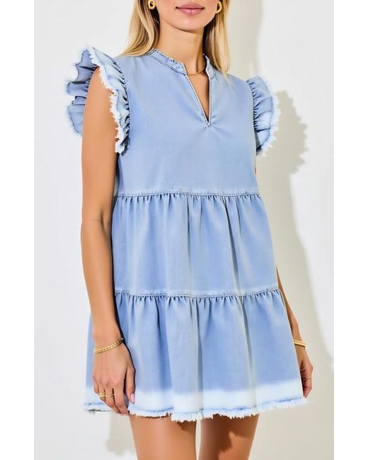 Modenaire Blue Tiered Denim Ruffle-Sleeve Frayed-Hem Mini Dress