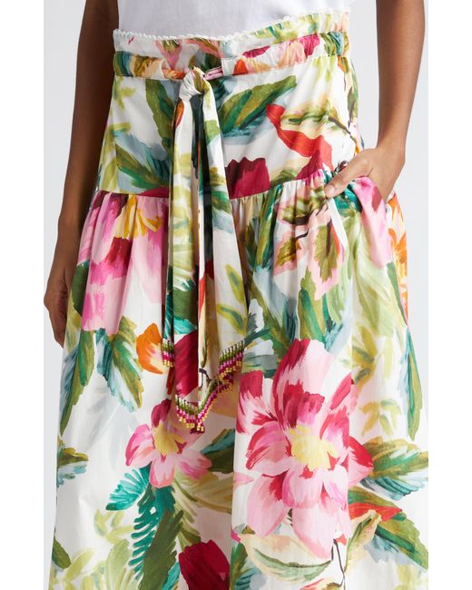 Farm Rio White Painted Flowers Belted Cotton Maxi Skirt