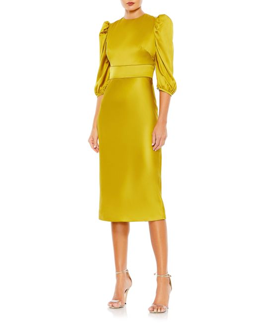 Mac Duggal Yellow Puff Sleeve Satin Midi Cocktail Dress