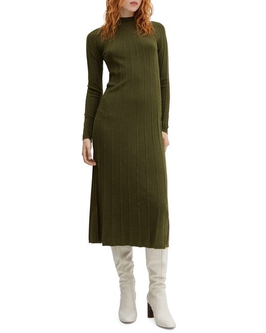 Mango Green Rib Mock Neck Long Sleeve Sweater Dress