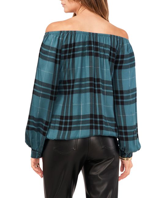 Vince Camuto Gray Metallic Plaid Off The Shoulder Top