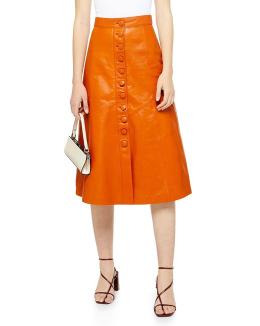 TOPSHOP Orange Leather Button Midi Skirt