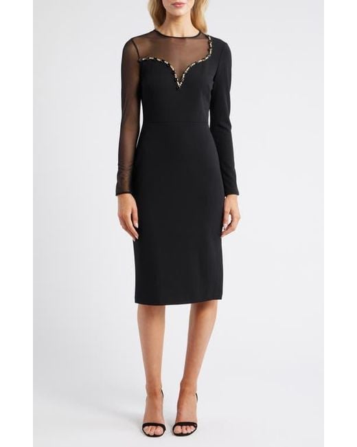 Vince Camuto Black Long Sleeve Beaded Crepe Midi Dress