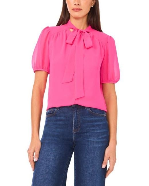 Cece Pink Puff Sleeve Tie Neck Top
