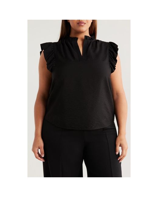 Anne Klein Black Textured Flutter Sleeve Woven Top