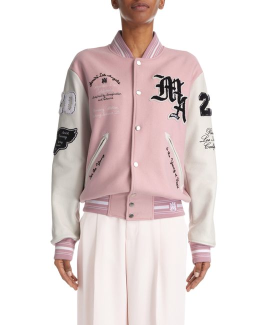 Amiri Pink Oversize Embroidered Pegasus Wool Blend Varsity Jacket