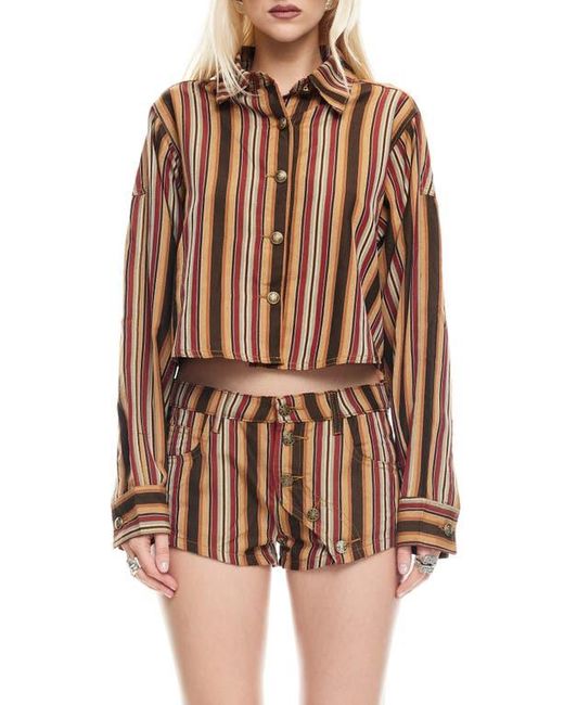 Lioness Brown Sundrenched Stripe Denim Crop Button-Up Shirt