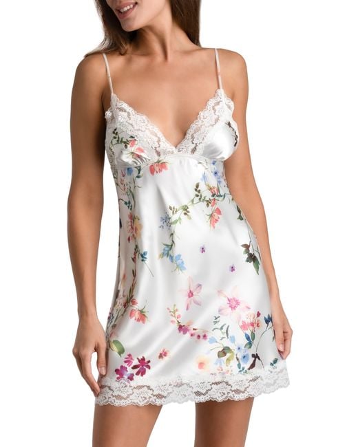 In Bloom White Endless Love Floral Lace Trim Satin Chemise