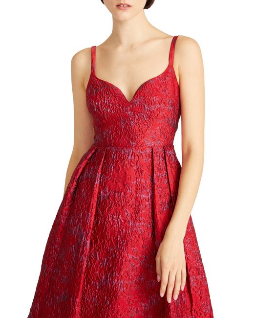 ML Monique Lhuillier Red Isabela Metallic Floral Jacquard Midi Cocktail Dress