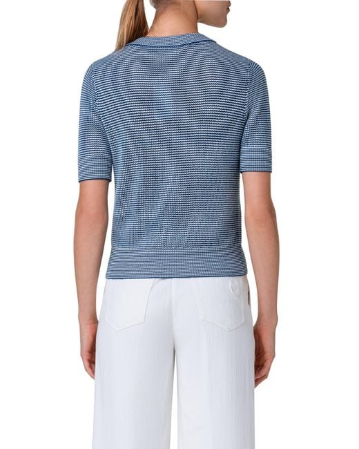 Akris Punto Blue Stripe Short Sleeve Wool Mesh Stitch Cardigan